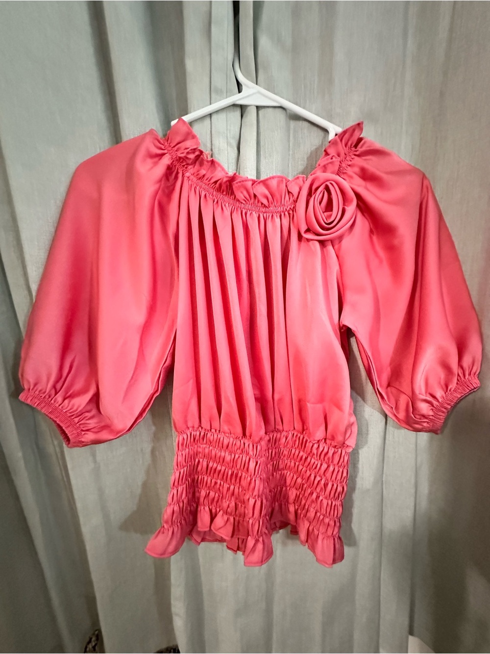 Satin Rosette-Accent Off-Shoulder Pink Blouse with Shirred Waist